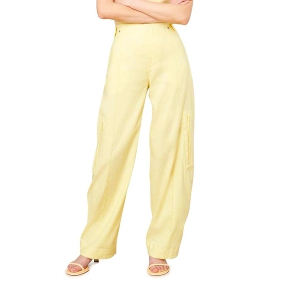 New Vince High Waist Tailored Utility Trouser Pants Pomelo Yellow Linen Sz 10 - Picture 3 of 16